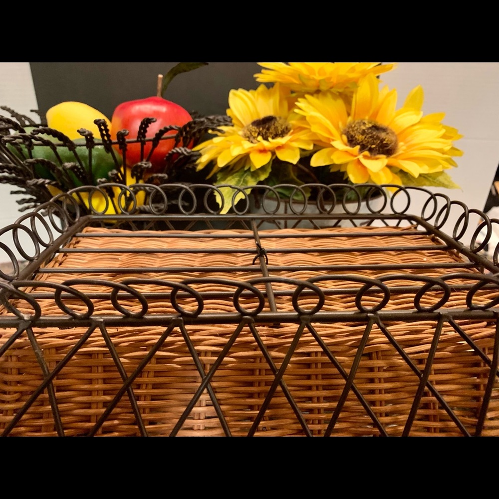 Vintage Hand Woven Reed Basket W/ Black Wrought Iron Stand. Rectangular - Picture 10 of 14
